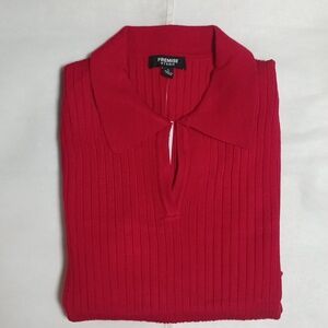 Premise Red Collared V Neck Ribbed Sweater